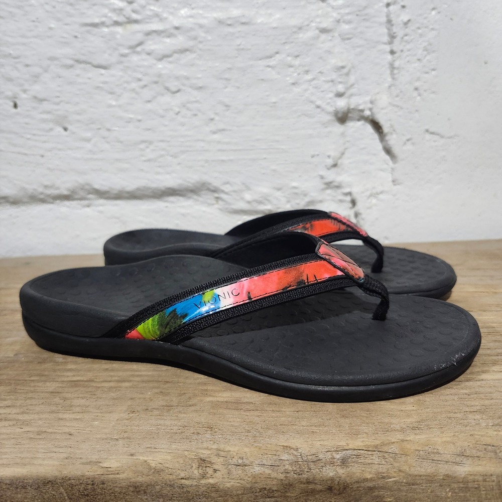 Vionic Tide II Women Orthotic Flip Flop Black Tropical Palm Sandals Size 7 Thong